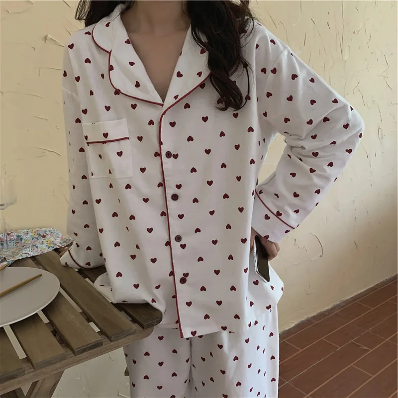 Women Pajamas Sets Spring Summer Autumn 2 Piece Heart Print Pyjama Pants Sleepwear Long Sleeve Buttons Pijama Mujer Pjs Homewear