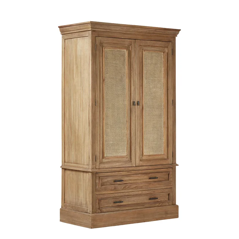 

French solid wood retro old double door cabinet bedroom locker rattan oak solid wood wardrobe storage cabinet
