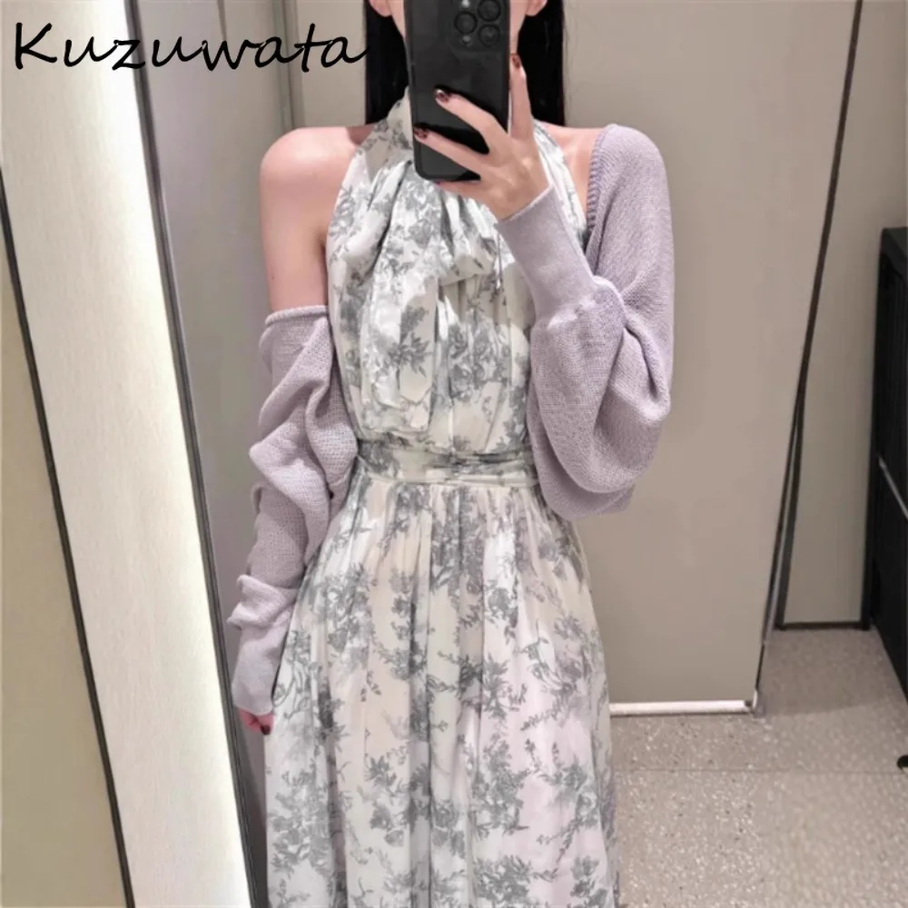 

Kuzuwata Luxury New Sweet Sleeveless Mujer Slim Waist Print Lace Up Elegant Robe Japan Fairy Mid-length Gentle Commuter Dresses