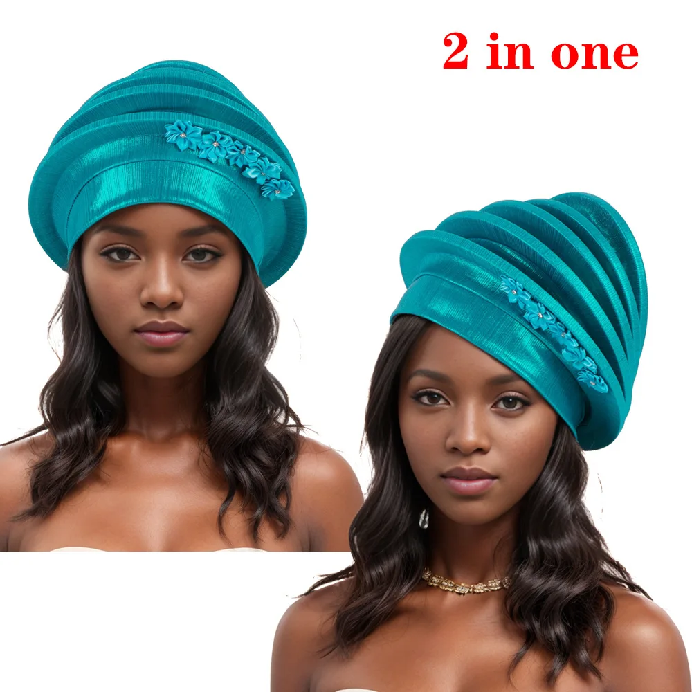 Spiral Beret Turban Cap for Women African Auto Gele Nigeria Headtie Flower Wedding Party Head Wrap Already Made Hijab Bonnet Hat