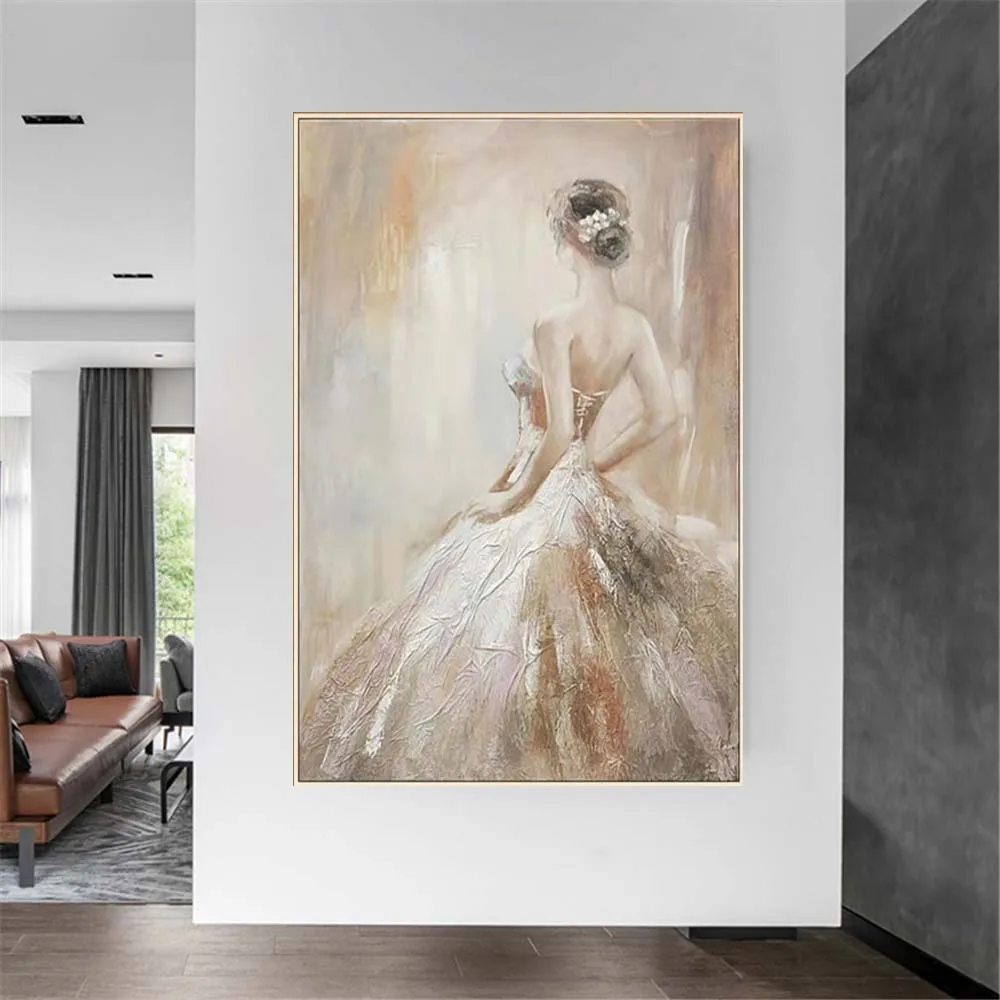 

Nordic Elegant Lady Portrait Mural On Canvas Handmade Modern Blue Hat And Dress Women Wall Art Figure Oil Painting Decor Home