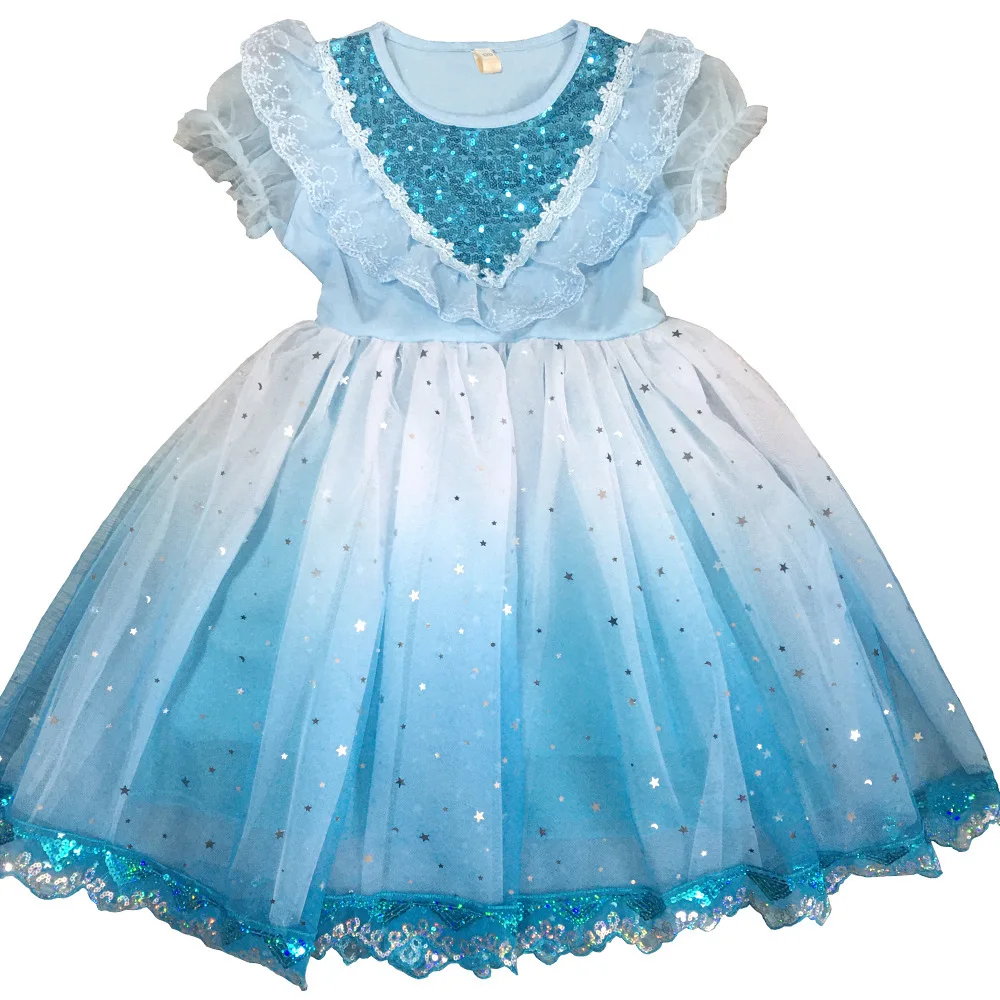 

Girl's Net Gauze Thickened Skirt Cotton Elsa Gradient Dress Cute Cloak Skirt Size 100-150