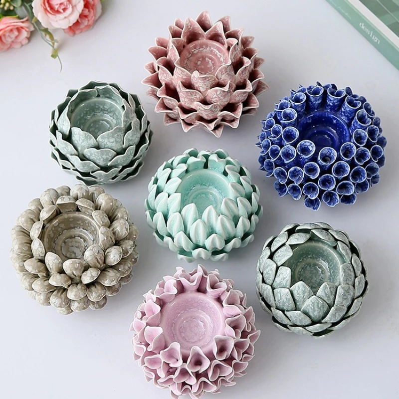 

LH Handmade Ceramic Candlestick Layered Petals Candle Stand Desktop Decorative Handicrafts Candle Holders Home Decoration