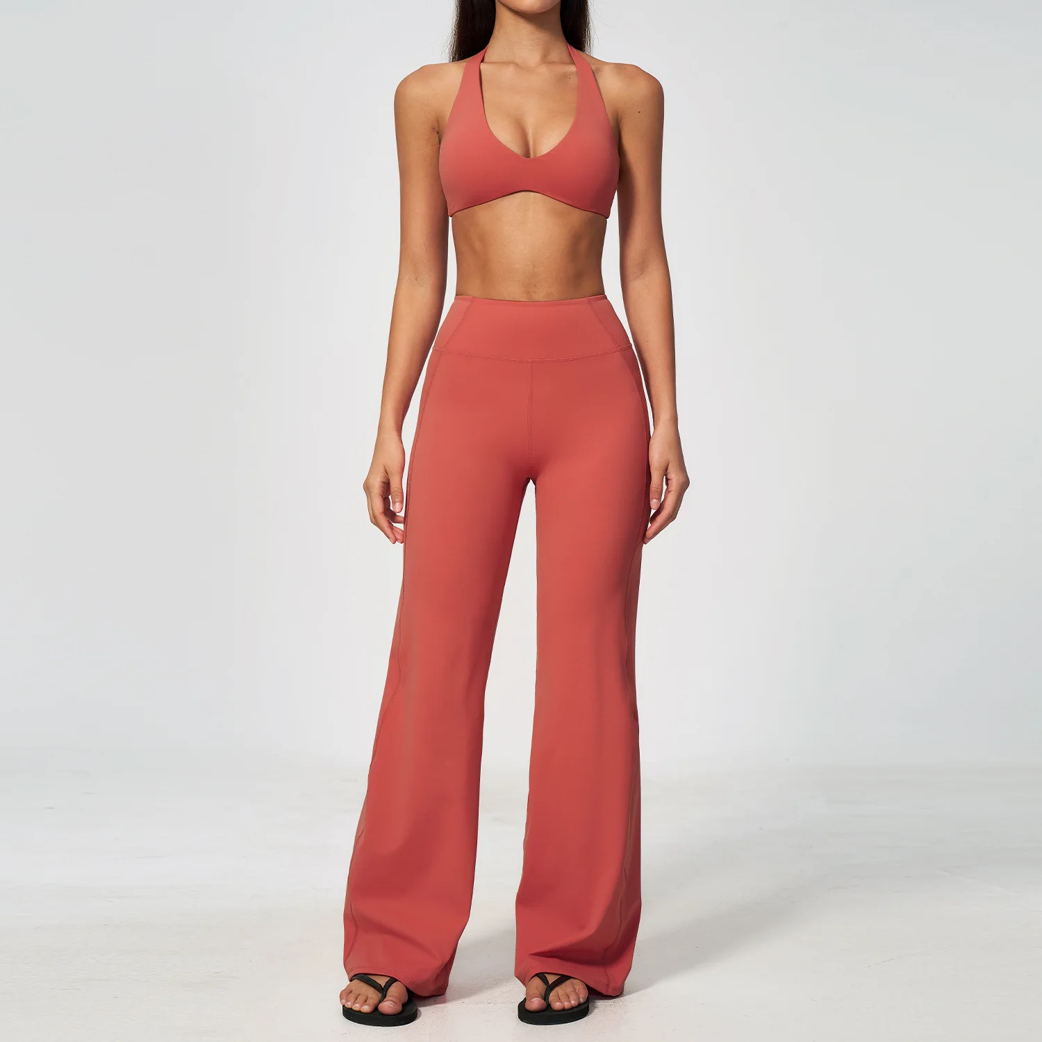Women's 2PCS Yoga Set 3/4 Sleeve Halter Crop Tops High Waist Flare Pants Push Up Gym Clothing Workout Running Fitness Activewear