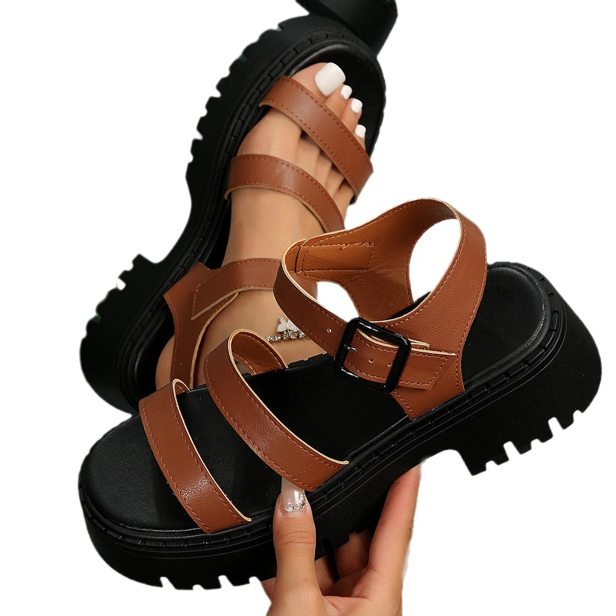 Black Platform Wedge Punk Sandals Women Summer PU Leather Thick Sole Sandals Woman Buckle Strap Non Slip Roman Shoes 43 Size 39