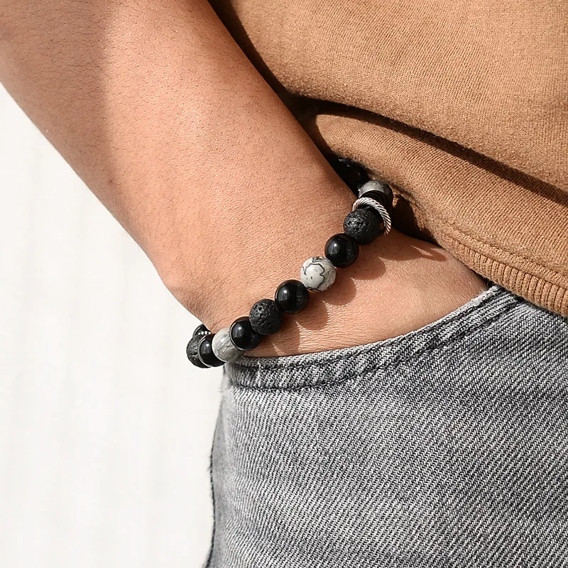 beaded men's bracelet Irregular Hematite Stone Healing Braslet Natural Lava Tiger Eyes Braclet Beaded