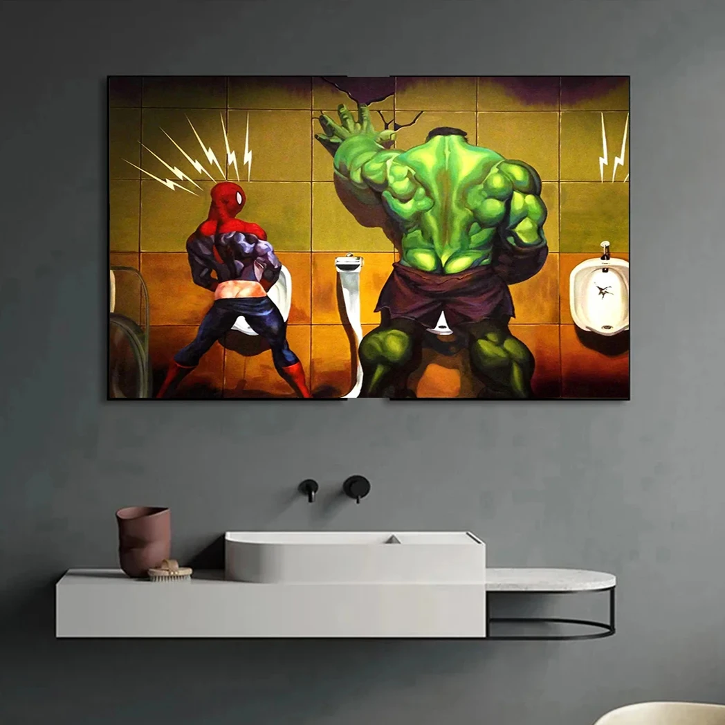 MINISO Superhero Funny Pee Canvas Painting Spider-Man Hulk Thor in Toilet Wall Art Poster Home Room Picture Print Artwork