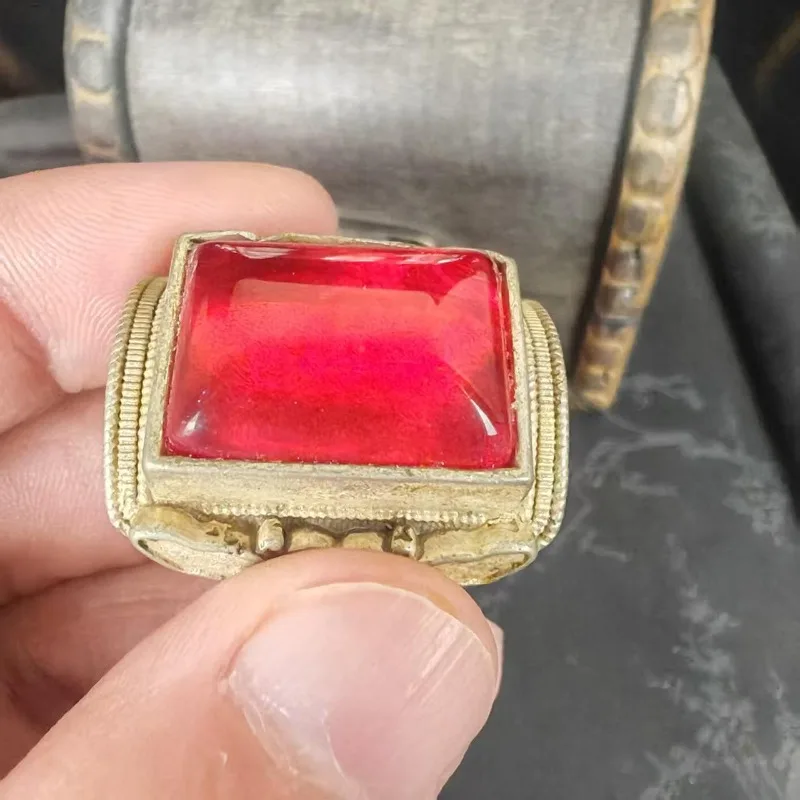 Vintage Square Red Stone Ring Unisex Filigree Bezel Metal Rectangle Cabochon Oriental Statement Finger Jewelry