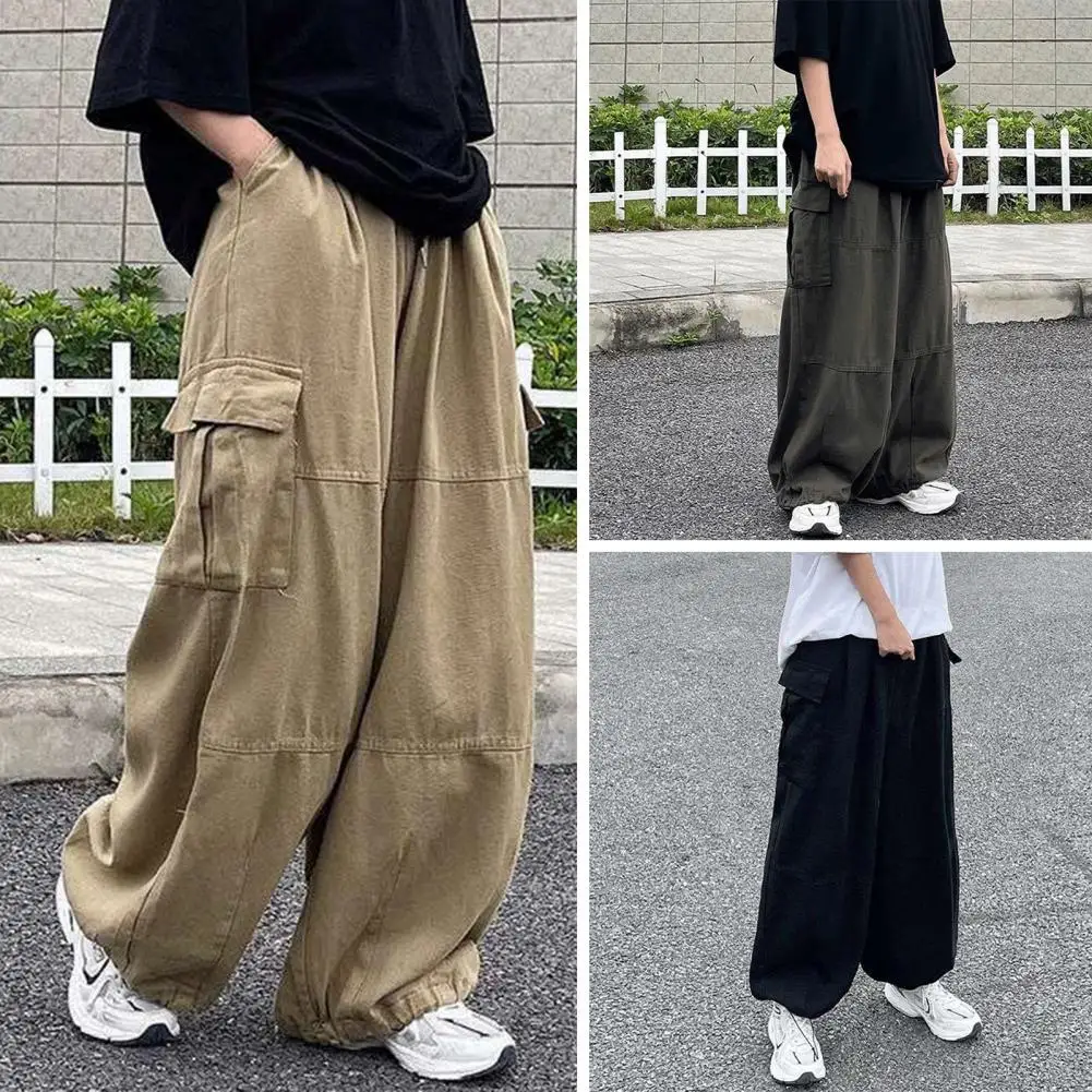 

Trendy Cargo Pants Four Seasons Men Pants Elastic Waist Drawcord Leg Opening Pants Streetwear