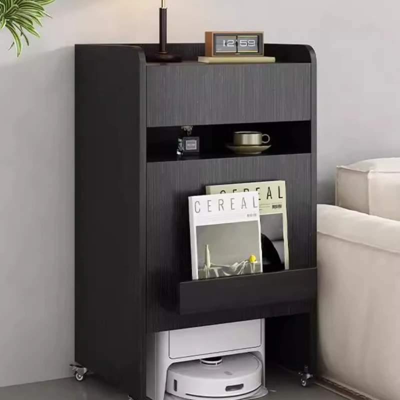 A  Living room against the wall Light luxury cabinet Simple black solid wood locker Movable side cabinet