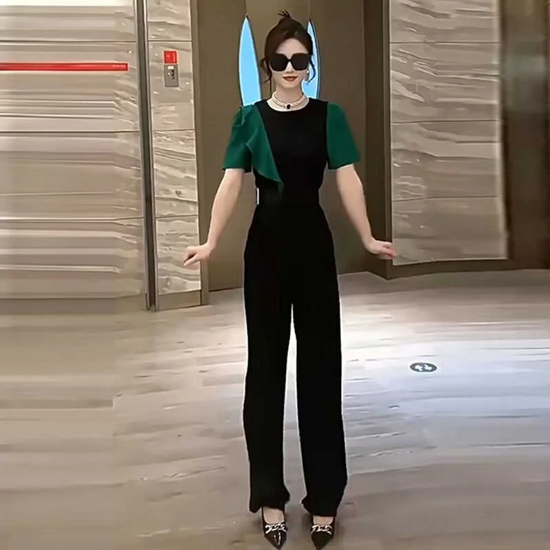 

Модный женский комбинезон с эффектом омоложения: комплект с брюками с высокой талией и широкими штанинами, дизайн в стиле колор-блок с кружевной отделкой, эффект похудения