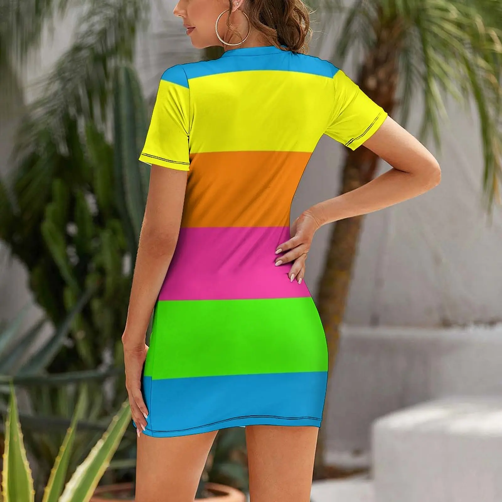 PLAIN SOLID NEON FLUORESCENT RAINBOW STRIPES 5 COLORS Short Sleeved Dress women clothing 2025 new arrivals Dress