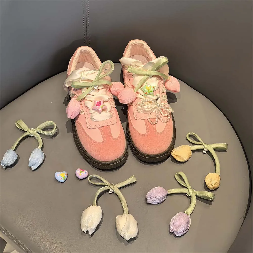 New Tulip Shoe Laces Charms for Sneakers Girl Pearl Crystal Bow Shoe Charm DIY Colorful Star Love Buckle DIY Accessories