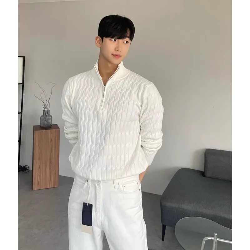 Men's Sweater Casual Jacquard Pattern Pullover Knitwear Winter Half Polo Turtle Neck Zipper Jumper Knitted Sweater Men view 2