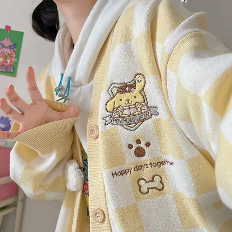 Kawaii Sanrio Pompom Purin Plaid Coat Cute My Melody Kuromi Cinnamoroll Autumn Winter Student Sweater Casual Jacket Sweater Gift