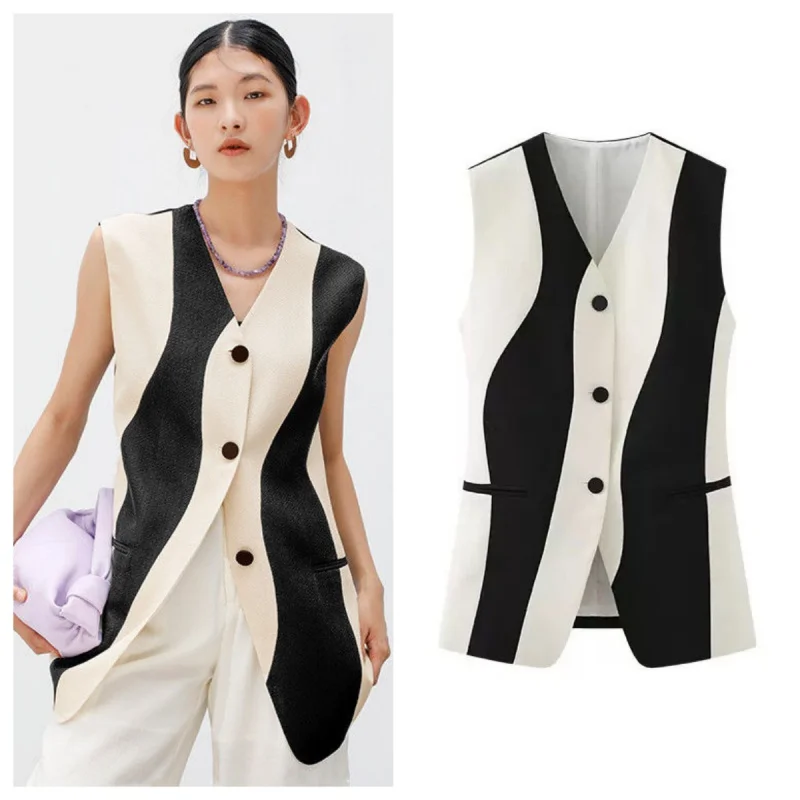 Color blocking sleeveless vest vest vest vest shoulder jacket women's summer thin single breasted western-style loose V-neck top