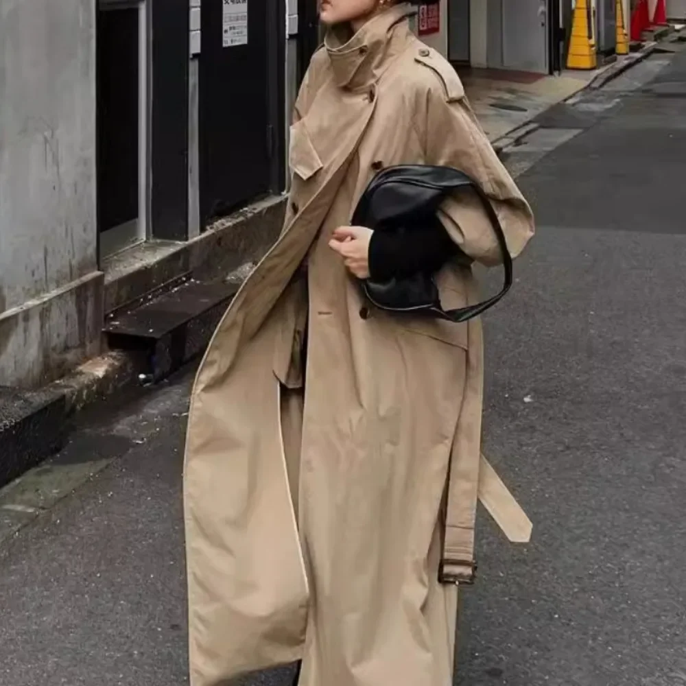 Kuzuwata Moda Lazy Turn-down Collar Loose Trench Simple Slim Mid-length Double Breasted Windbreak Japan Casual Harajuku Jacket