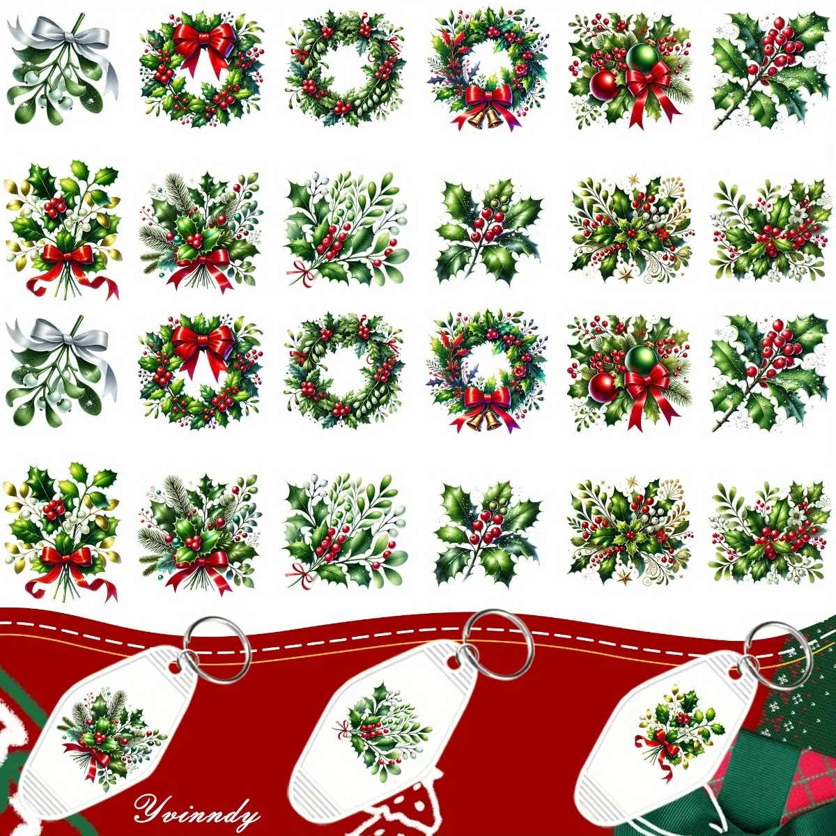 24Pcs/Set UV DTF Christmas Plants And Flowers UV DTF Packaging Transfer Paper Waterproof Keychain Sticker For Hotel Keychains