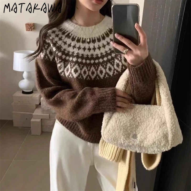 

Matakawa Woman Sweaters Contrast Color Vintage Thick Warm Loose Pullovers Korean Fashion O Neck Sweet Elegant Pull Femme