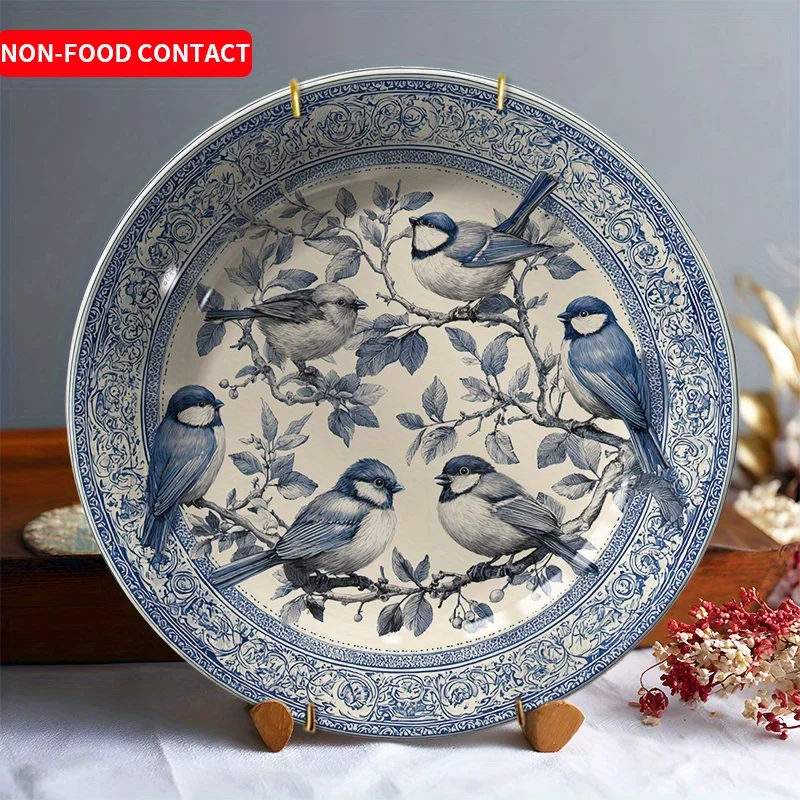 [Ceramic Decorative Plate] 1pcExquisite Ceramic Decorative Plate Hand-Painted Tree Branch with Birds Design Wall Art for Living