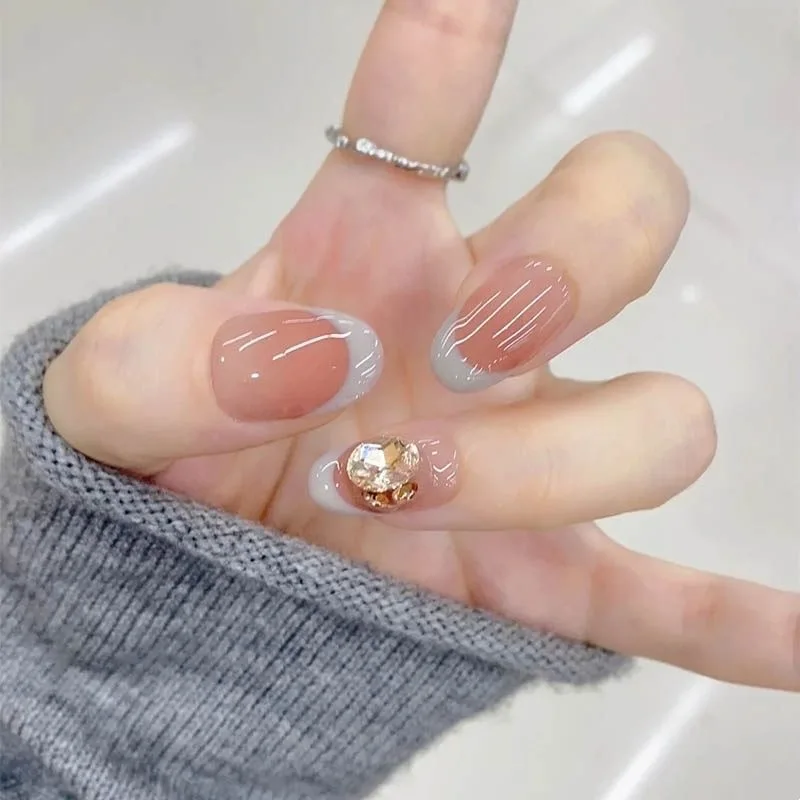 10Pcs Short Oval French Pink Blue Handmade Press on Nails Fake Nails With 3D Diamond Design Wearable Nail Tips Art
