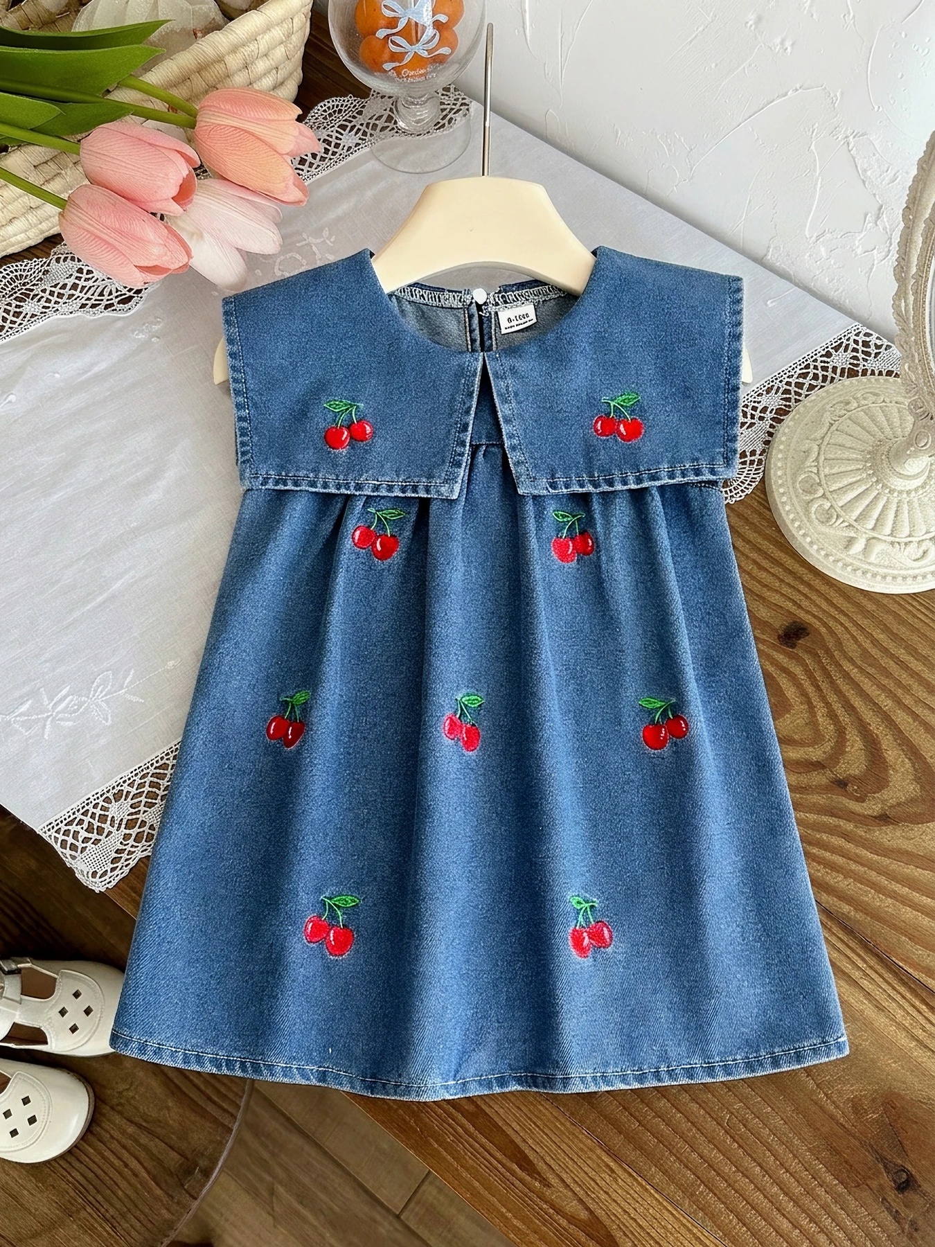 Lovely Baby Girl Vintage Style Dress Cherry Embroidery Sleeveless Denim Dress