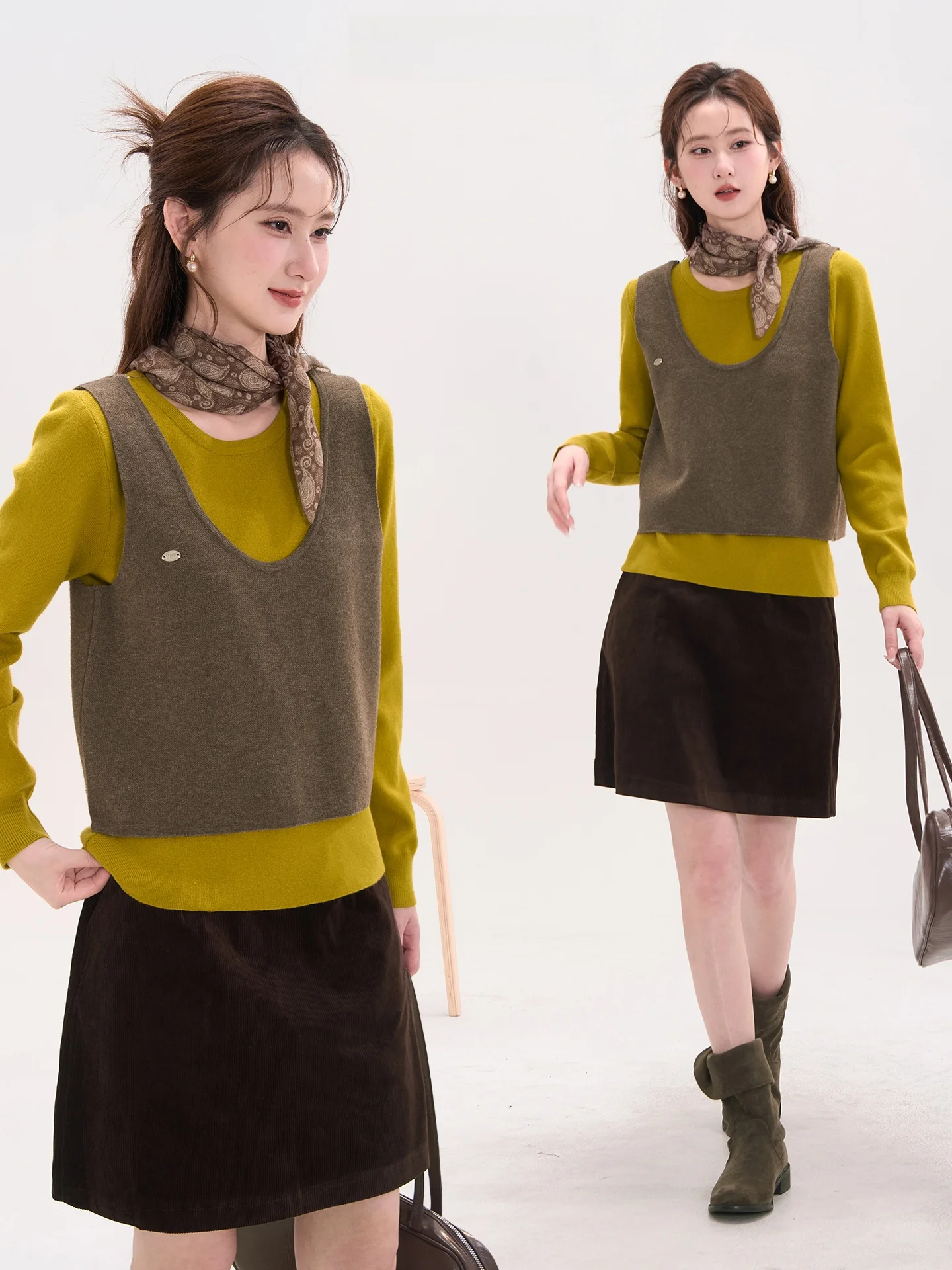 

Heme Korean Sle Color Blo Knitted Vest round Ne Base irt Two Piece Set Casual Loose Fit Long Sve Polyester Blend