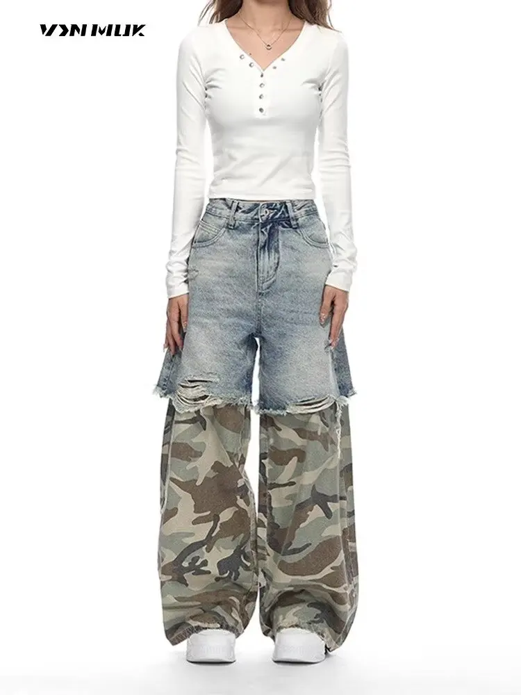 Mulheres retalhos baggy y2k jeans rasgados harajuku azul emendado jeans falso duas peças soltas calças retas hip-hop