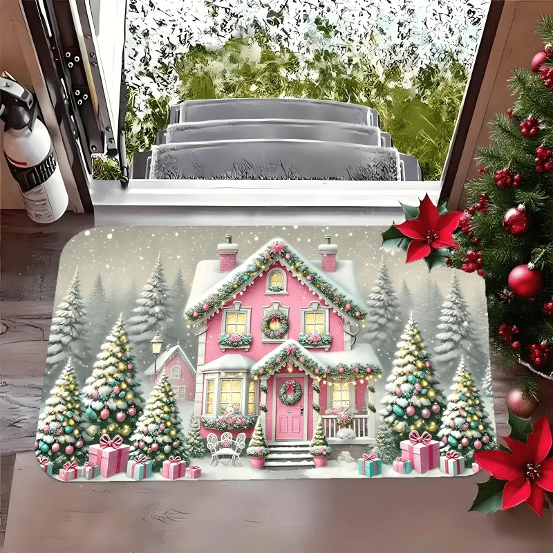 Snowy Pink Winter House Christmas Printed Floor Mat, Festive Snow‑tree Gift Pattern Doormat, Holiday Home Decor Rug for Entryway