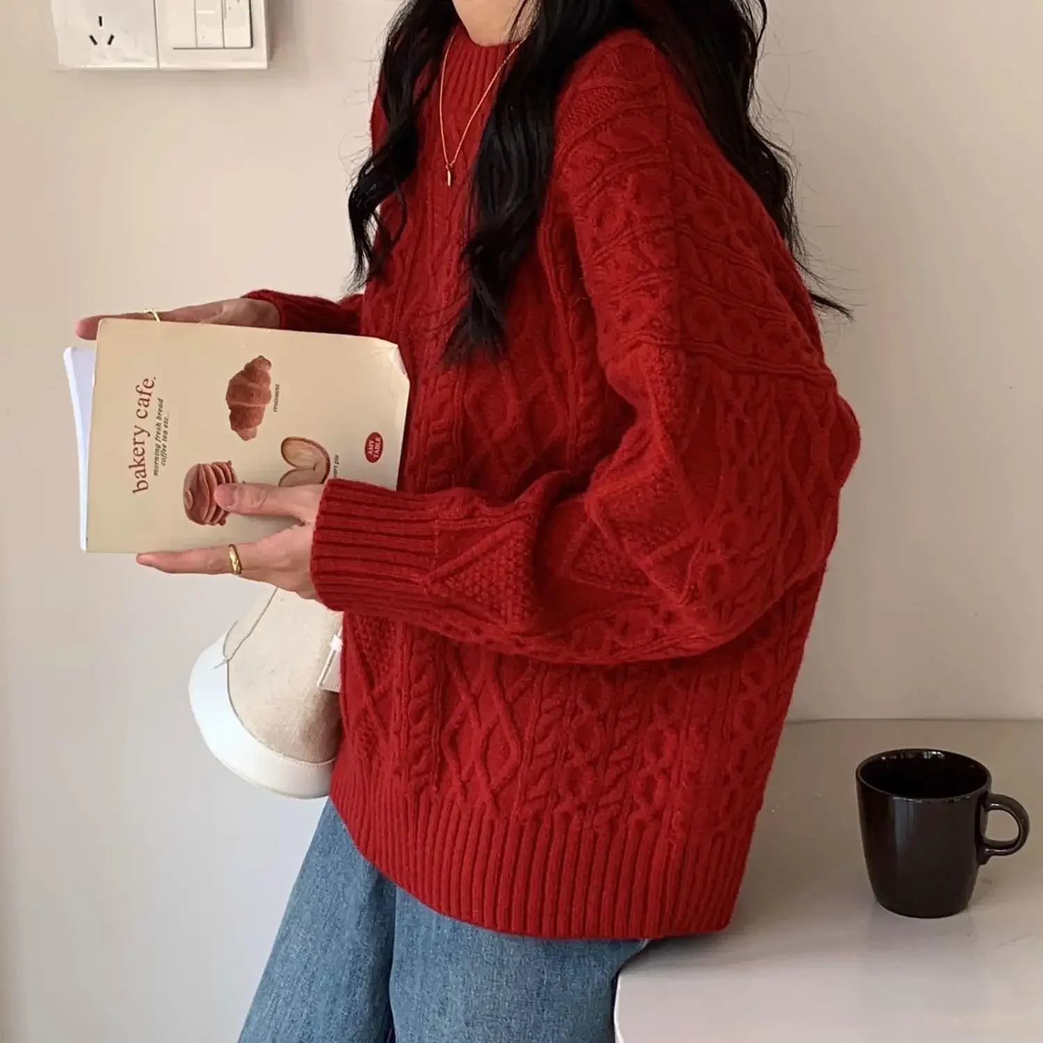 الأحمر فضفاض طاقم الرقبة تريكو المرأة الخريف الشتاء نمط جديد ملابس خارجية كسول البلوز سترة مستديرة الرقبة البلوز لسنة جديدة #1