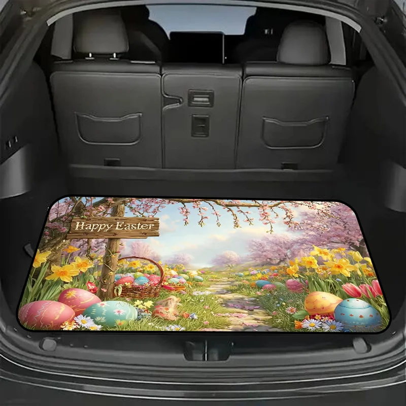 1pc Stylish Car Trunk Mat With Vibrant Whimsical Easter Scene | Cherry Blossoms, Daffodils, Tulips, And Easter Eggs - Durable Po
