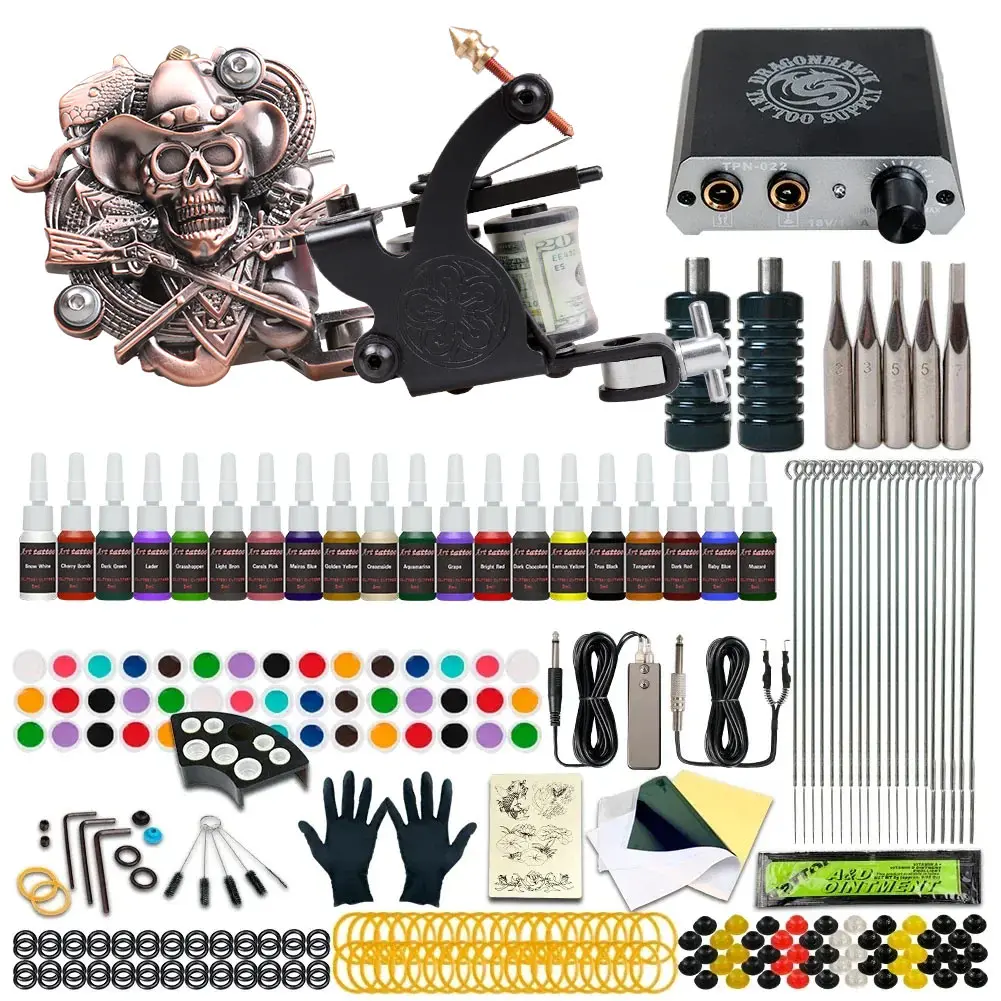 

Beginner Complete Tattoo Kit Machines Gun Black Ink Set Power Supply Grips Body Art Tools Set Permanent Makeup Tattoo set