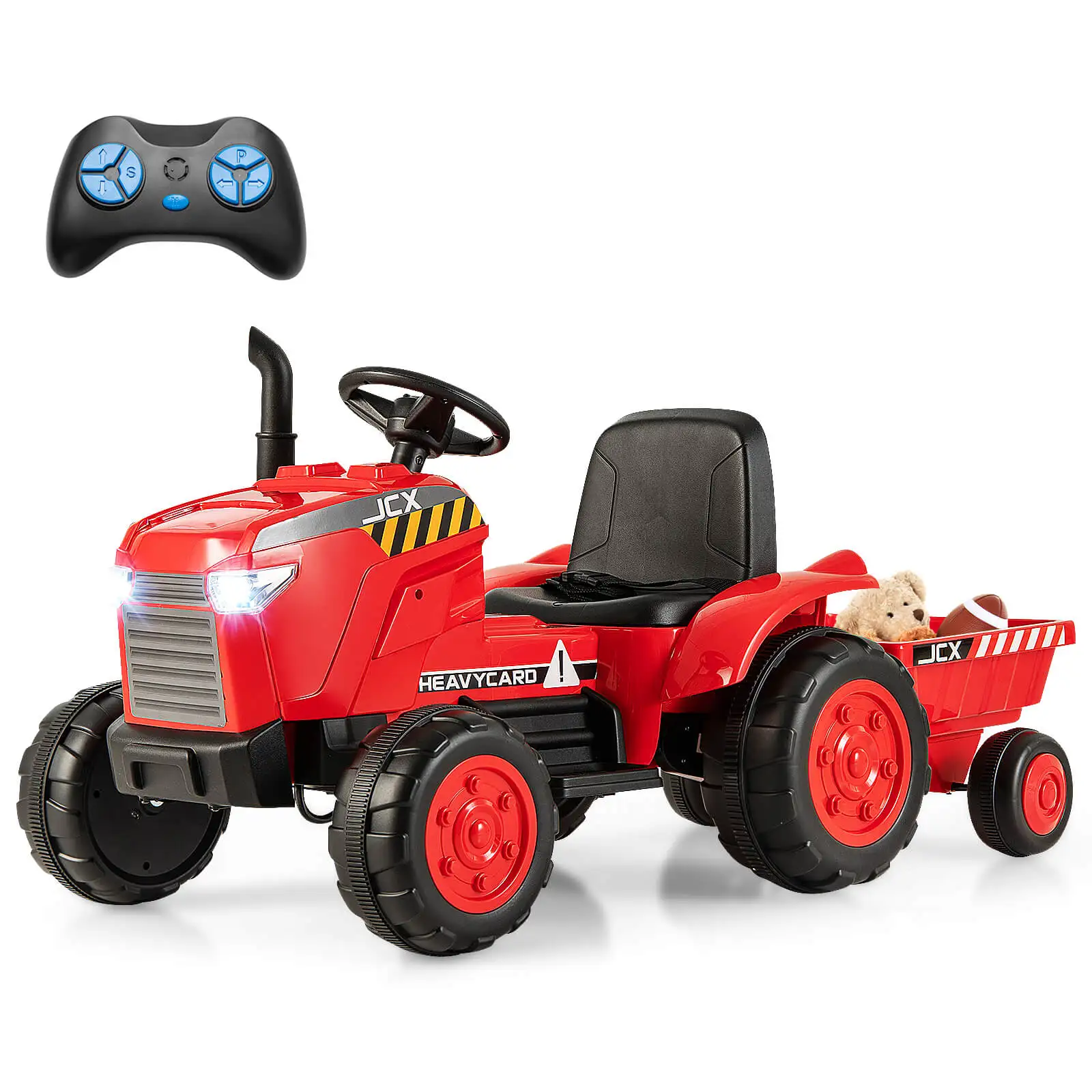 2-in-1 Electric Toy Car 12V Kids Ride On Tractor w/Trailer Remote Control Lights