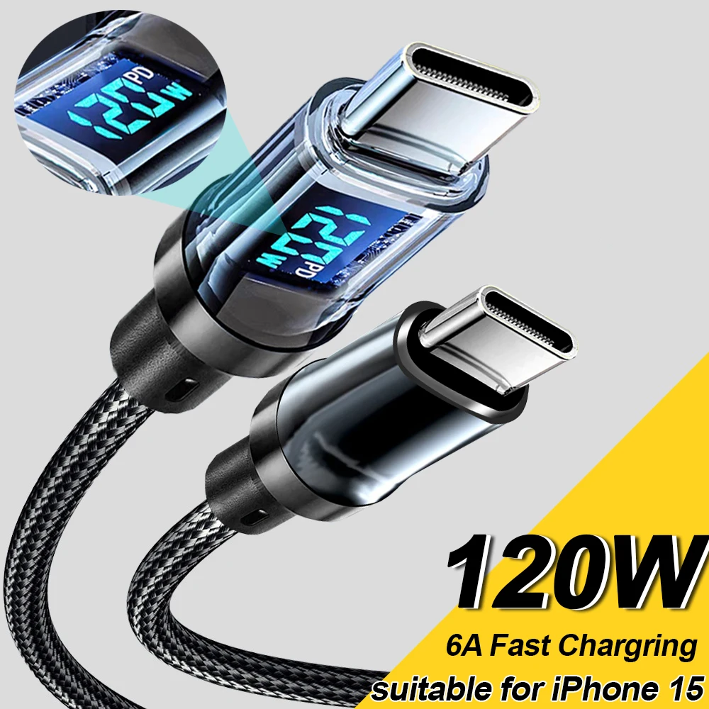 PD120W 6A Fast Charging Digital Display Type C Data Cables Suitable for IPhone 15 Pro USB C To Type C Nylon Braid Wire Cord