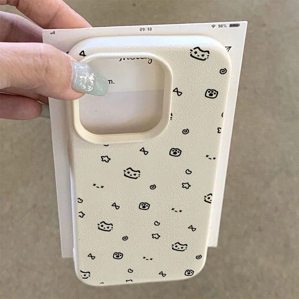 Lines Cute Cat Phone Case For iPhone 13 Case iPhone 11 15 12 14 16 Pro Max 15 16 Plus Shockproof Bumper Soft Leather Cover Funda