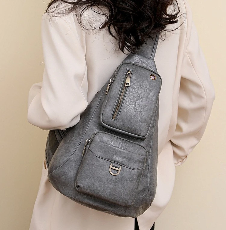 PU leather women's single-shoulder chest bag, three-dimensional pocket, multi-functional vertical square retro travel backpack
