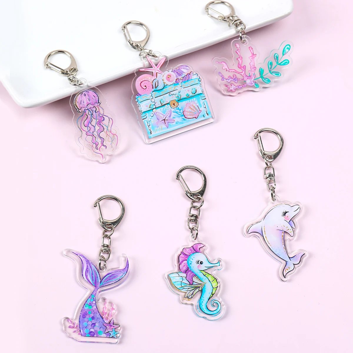 6pcs Mermaid Keychain The Underwater World Key Rings Pendants for Boys Girls Key Holder Schoolbag Pendant DIY Jewelry Gifts