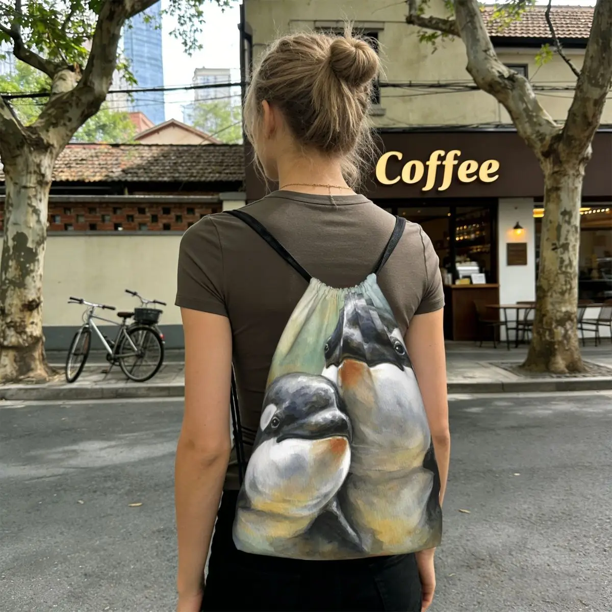 

Parent-Child Orca In Bule Background Backpacks Multi-function Drawstring Bundle Pocket Sports Bag Book Bags for Man Woman School