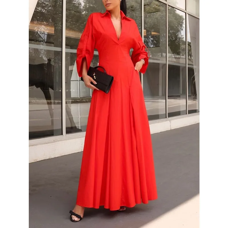 여성용 레드 100% 면 드레스 2025 A라인 플리츠 오피스웨어 브이넥 긴팔 기본 셔츠 드레스 여성 의류 179809