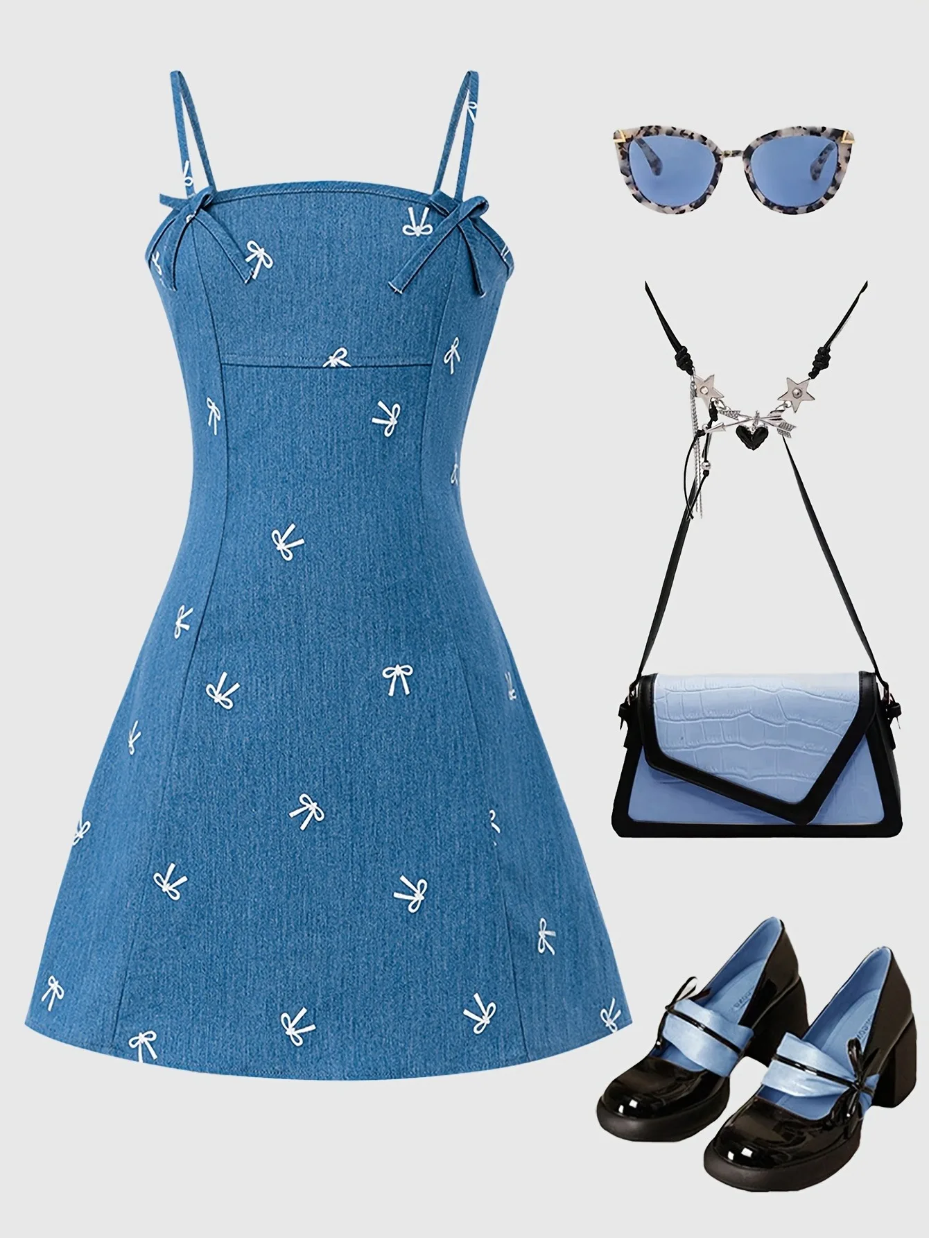 Einteiliges Jeans-Slip-Kleid für Mädchen, quadratischer Spaghettiträger, A-Linien-Mini-Jeanskleid mit 2 Schulterbändern und durchgehender weißer Schleifenstickerei – Detail 3