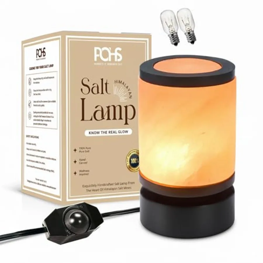 

Himalayan Pink Salt Round Lamp with Premium Black Polished Wooden Base, 60'' Long Dimmer Switch Cord and Two Light Bulbs; Hand