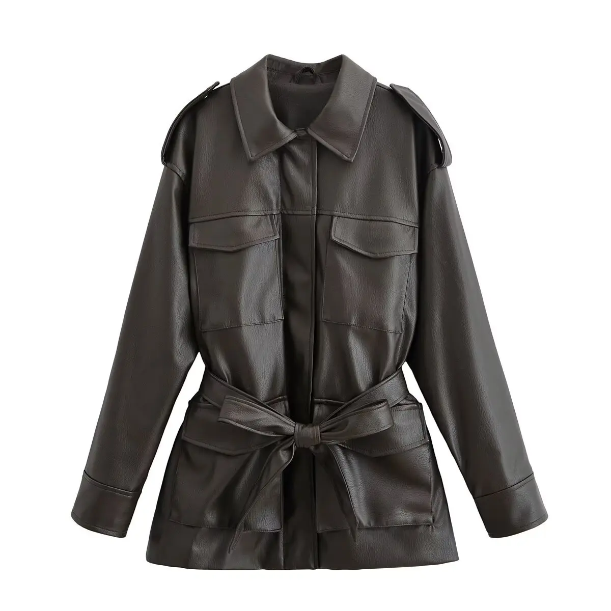 

2025 New Women Turn Down Collar Belt Decorated Leather Jacket Black Coffee Two Color Options Slim Fit Design