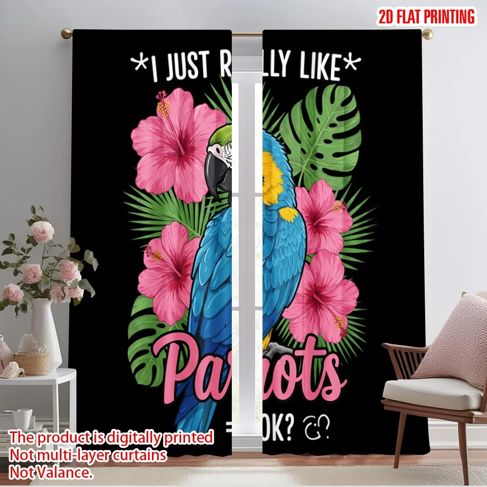 

2pcs 2D flat printing Window Drapes Blue Yellow Parrot Tropical Flowers 100% Polyester Fabric Without Electricity Seasonal Party