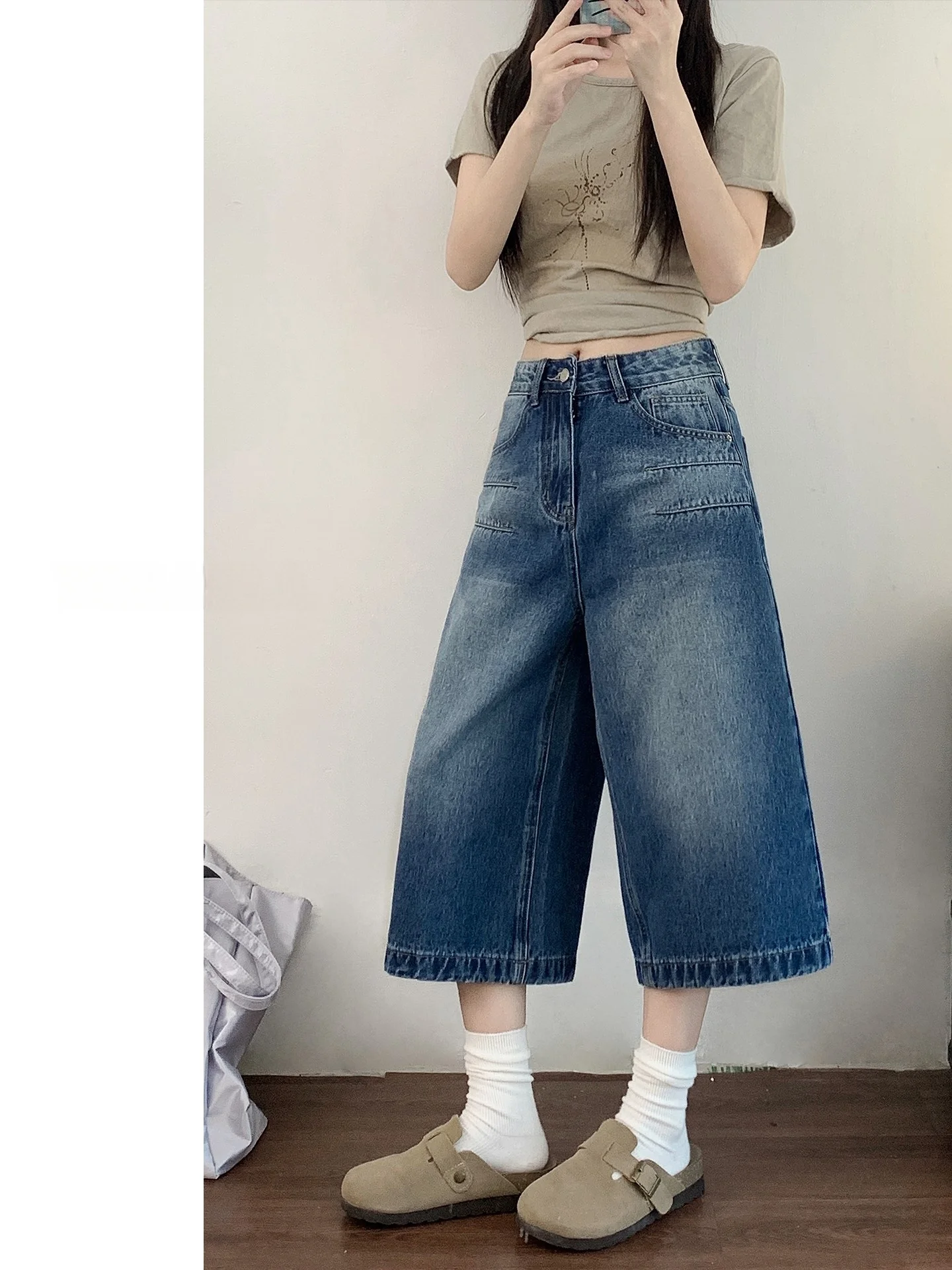 

Американские ретро High Street Широкие джинсы семи футов Женские свободные узкие прямые джинсы средней длины с высокой талией