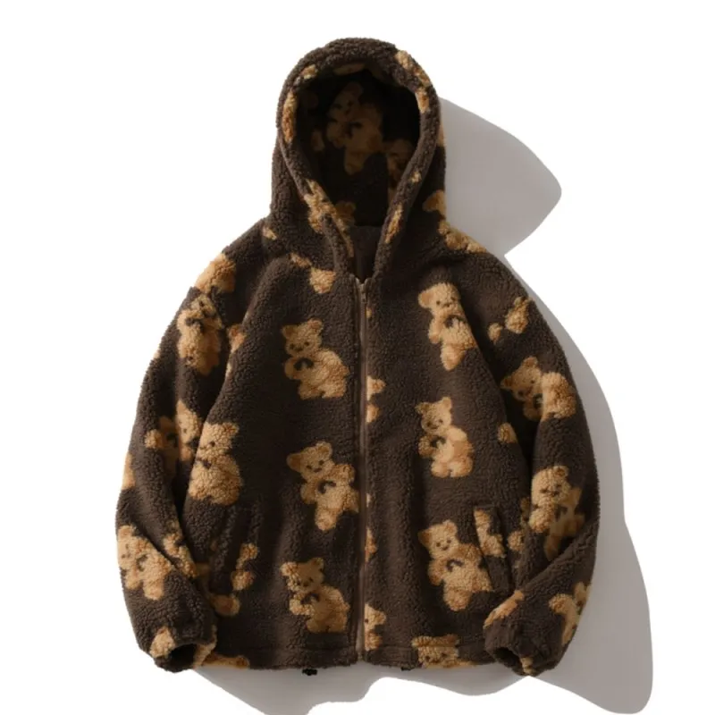 2000s Autumn Winter Couple Jacket Harajuku Brown Cute Bear Print Plush Hoodie Zip Up Long Sleeve Korean Fashion Oversized Coat