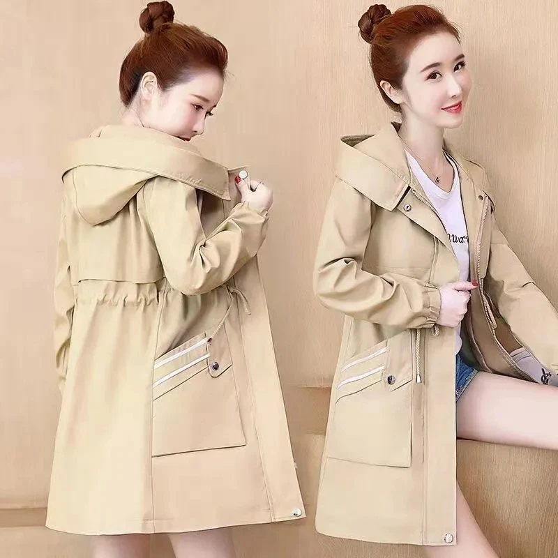 

Women's Trench Coat 2024 Spring Autumn New Korean Edition Solid Strap Middle Long Hooded Jacket Outerwears Gabardina De Mujer