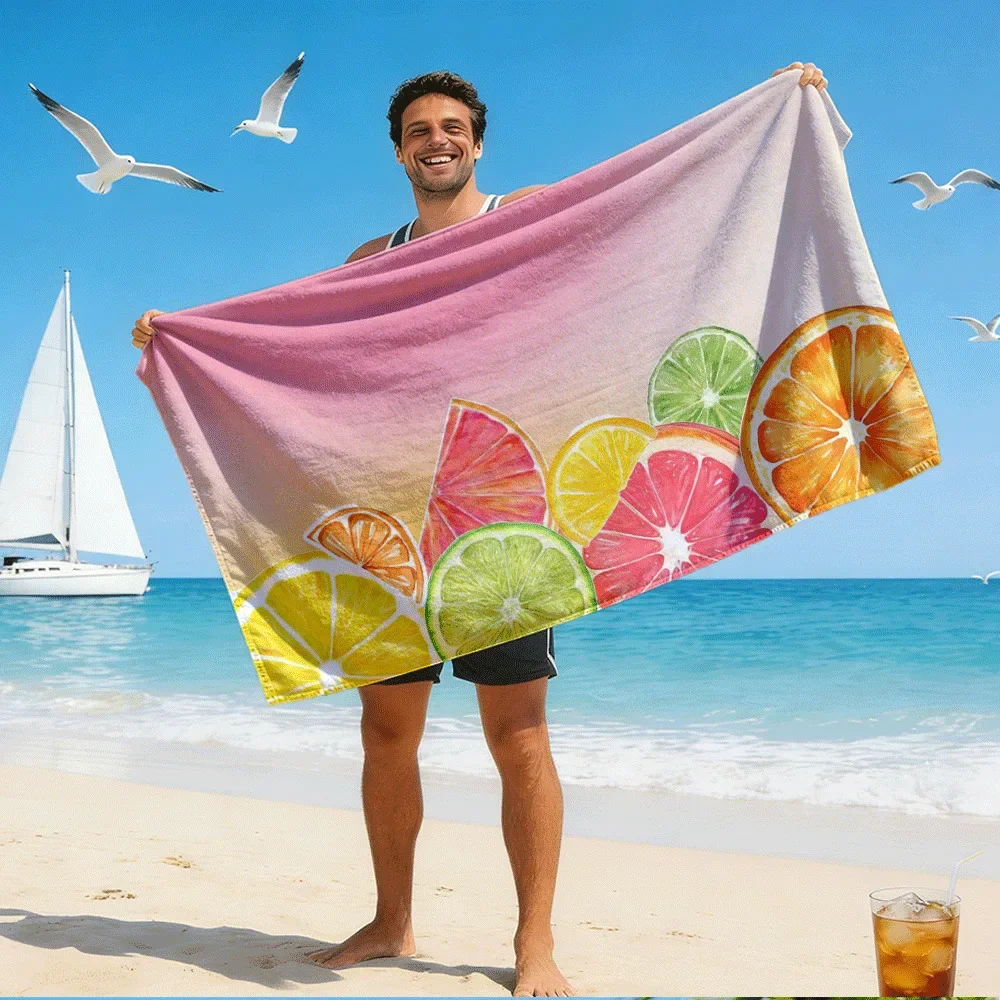 Vibrant Citrus Slices on Pastel Backdrop HD Digital Print Beach Towel, Digital Print Bath Towel. Suitable for Sports, Travel