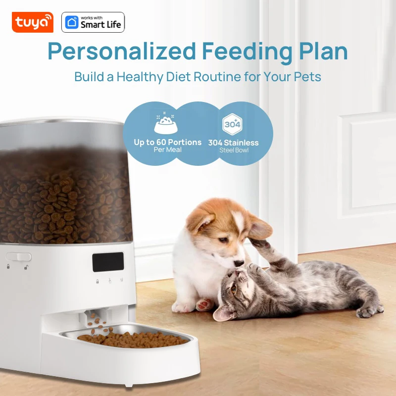 Tuya Smart Large Capacity Automatic Cat and Dog Feeder, APP Remote Control, 5L Cat Food Dispenser, Low Food Level Alarm