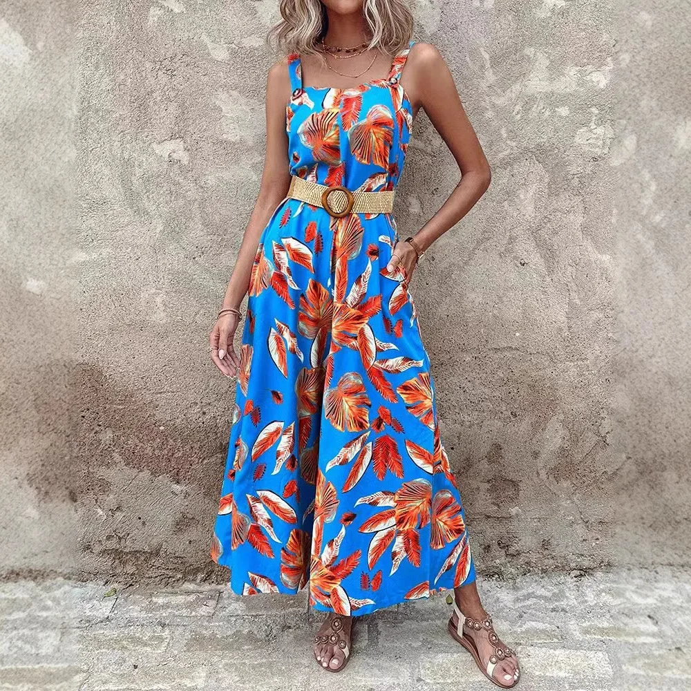

Женский летний новый комбинезон с цветочным принтом и поясом, платье без рукавов, модный и удобный универсальный дизайн