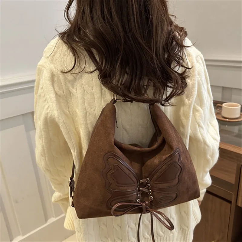Faux Suede Tote Bag, Bow Tie Backpack, Chic Retro Single Handbag Women Shoulder Messenger Bag, Matte PU Leather Cross Body Bags